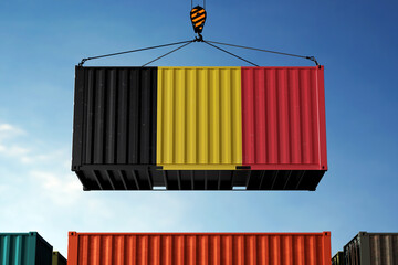 Belgium trade cargo container hanging against clouds background
