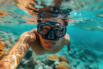 Naklejka premium Asian man in a mask swims on a coral reef