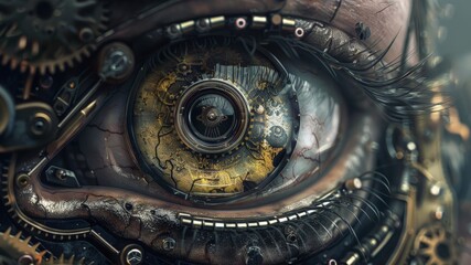 Captivating closeup: Human eye transformed into surreal steampunk machinery. Ultra-realistic details, metal gears in a mesmerizing display.