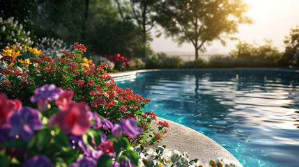 Fototapeta na wymiar A tranquil view of a pool surrounded by 4K HDR fresh flowers strategically placed on the pool deck, their vibrant colors adding a touch of natural beauty to the outdoor aquatic setting.