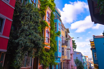 Colorful houses on the Balat are popular among tourists on a sunny day. Balat is a quarter in Istanbul's Fatih district. Istanbul, Turkey