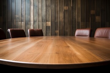 Empty round table for business conventions and presentations, meeting partners in conference room - obrazy, fototapety, plakaty