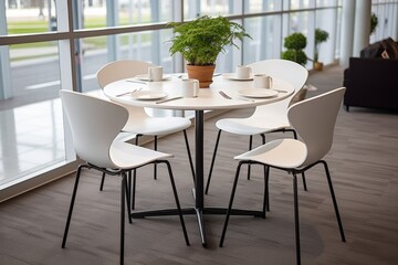 Empty round table for business conventions, presentations, and meeting partners in conference room