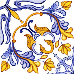 Traditional Azulejo ceramic tiles. Hand drawn watercolor Italian print for fabric and wallpaper. Sicilian majolica in blue and yellow colors. Mediterranean style ornament.