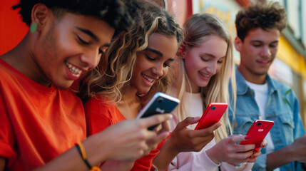 Obraz premium A photo capturing young people absorbed in their smartphones