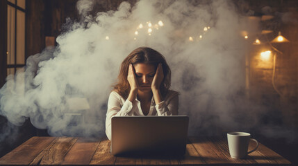 women burnout or anxiety in workplace concept - obrazy, fototapety, plakaty