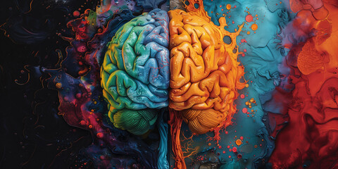 Colorful human brain hemisphere . Left side is cool colors , right side is warm colors . Creative idea concept . - obrazy, fototapety, plakaty