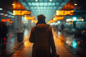 A business traveler navigating a busy airport terminal with a suitcase in hand - obrazy, fototapety, plakaty