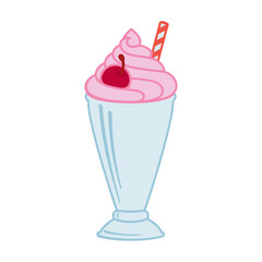 Strawberry milkshake with whipped cream and cherry on top in a retro milk bar dessert glass as a vector illustration - 750412652