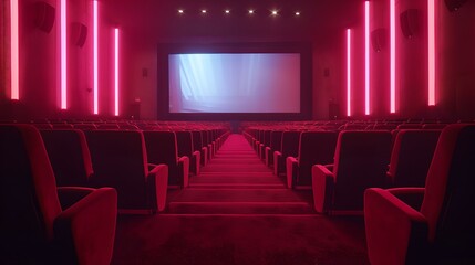 Fototapeta premium Empty movie theater with red seats and neon lights, modern cinema design ready for audience. the essence of cinematic experience. AI