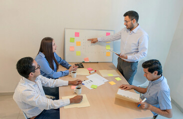 A man pointing at a whiteboard with people around it