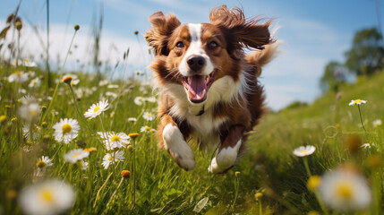 happy dog running through flowering meadow during a clear blue sky on summer time.