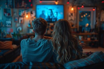 A couple cuddled up on the couch, binge-watching their favorite TV series together