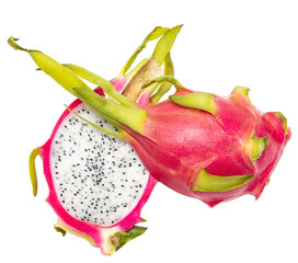 red pitahaya fruit with white flesh and black seeds.
