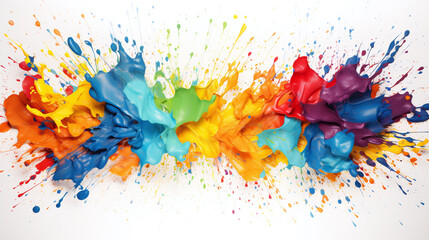 Multicolor paint splatter over a white background.
