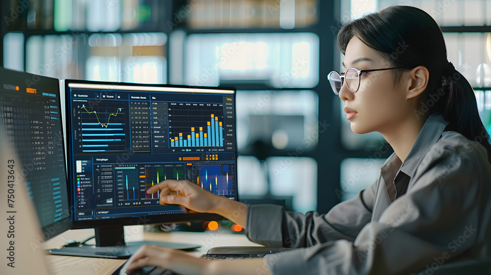 Poster the female analyst utilizes a computer and a dashboard for business data analyze and a data manageme