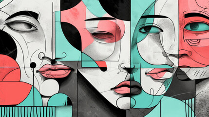 Abstract black and white cubist face with splashes of aquamarine, flamingo pink, lemon chiffon, persian red and sage green, retro colors. Illustration for creative design