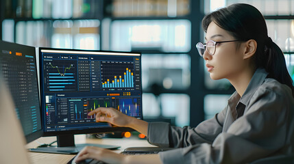 The female analyst utilizes a computer and a dashboard for business data analyze and a data management system The concepts of technology, sales, and marketing.