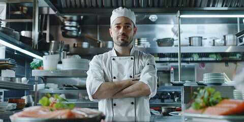 Fototapeta na wymiar Confident professional chef standing in commercial kitchen. expert in culinary arts ready for service. modern restaurant interior. chef's portrait with arms crossed. AI