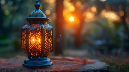 A beautiful Arabic lantern serves as a Ramadan Kareem greeting - obrazy, fototapety, plakaty