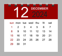 December 2024. Vector monthly calendar template 2024 year in simple style for template design. Week starts from Sunday.