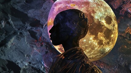 african woman with black mask and moon created with Generative AI