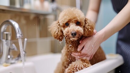 Hands wash mini poodle in washbasin at the professional dog grooming salon