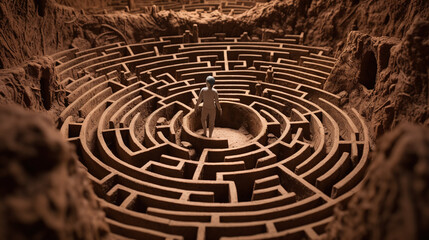 maze made of brown clay. one lost boy in the maze
