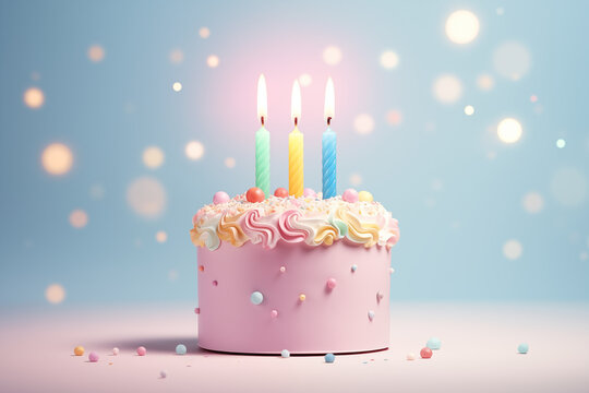 gâteau d'anniversaire rose, crème fouettée colorée et bonbons au chocolat colorés. 3 bougies brulent. Fond festif pastel et scintillant
