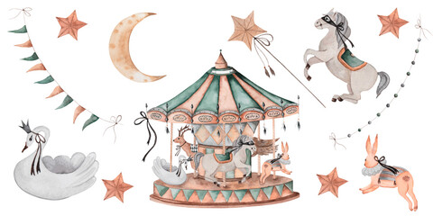 Vintage carousel set. Merry-go-round in retro style on isolated white background, hand drawing. Horse, swan, bunny and deer toy circus animals. For designing cards and decorating baby showers and © Татьяна Трущелева