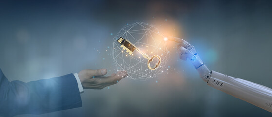 Artificial intelligence, a robot hand and human hand touching golden KEY,  Data to success concept...