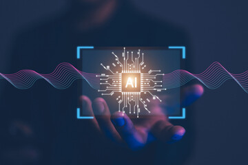 focus hand of businessman show virtual graphic data connect with AI.Using AI to sucess everything,...