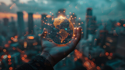 A hand holding a globe with a network of light against a blurred night city background - obrazy, fototapety, plakaty