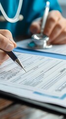 Doctor completing a Medical Insurance Claim Form by Stethoscope