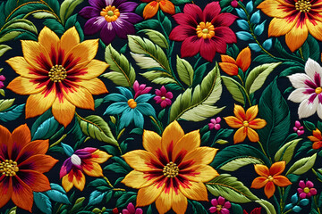 embroidered floral pattern on a black background, embroidery, fabric background with flowers and leaves, texture 