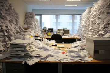 A stack of unfinished documents on the office desk.