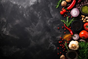 Black stone cooking background with spices and vegetables. Top view