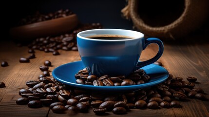 Fototapeta premium A blue coffee cup full of black coffee on a wood background with coffee beans