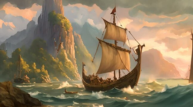 Abstract animation of a drakar rafting down the river. Sail, sea, captain, deck, mast, ocean, frigate, journey, helm, anchor, water, sailor, waves. Generated by AI
