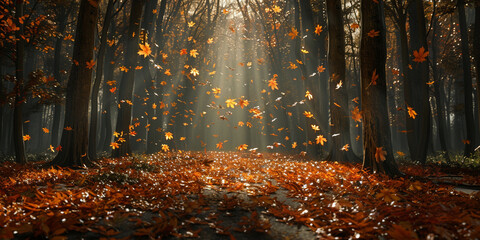 Autumn sunshine shining through a forest blanketed with trees and dead leaves .A yellow path in an old wood and some tree leaves .

 - obrazy, fototapety, plakaty
