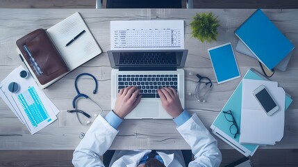 Doctor sitting at office desk and working on his laptop with medical equipment all around, top view - obrazy, fototapety, plakaty