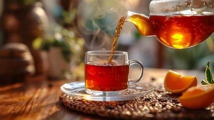 Poster Pouring hot tea into cup on table in cafe, closeup © korkut82