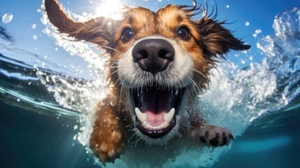 happy dog ​​swimming in a pool or body of water, Close-up, wide angle underwater photography, shot of a dog underwater - Powered by Adobe