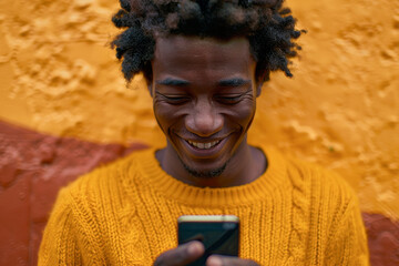 a man smiles joyfully and looks at his phone in yellow colors