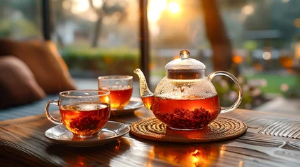 Foto op Plexiglas Teapot and cups of tea on a wooden table in a cafe © korkut82