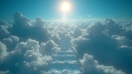 Sky steps. Concept with sun and white clouds. Religion background. - obrazy, fototapety, plakaty