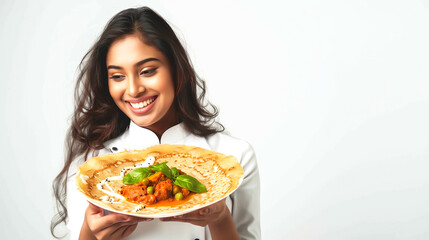25+ young Woman in a saree presenting a crispy Masala Dosa, beauty