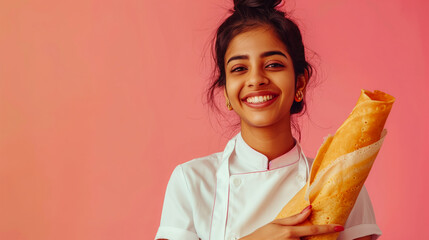 25+ young Woman in a saree presenting a crispy Masala Dosa, beauty