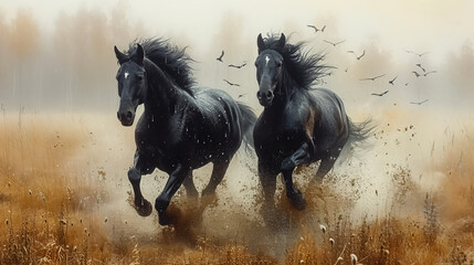 Two black horses galloping in the misty meadow in autumn - obrazy, fototapety, plakaty