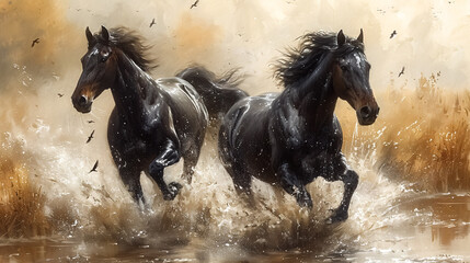 Two black horses run gallop in water. Digital painting illustration.
